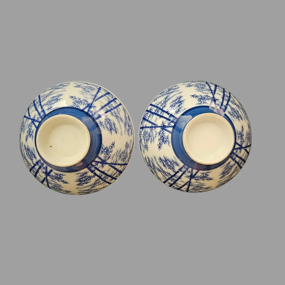 Set of 2 Blue & White Bamboo Porcelain Rice Soup Bowls Asian Style 4.75